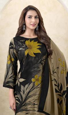 Beige color crepe silk printed women unstitched dress material 3