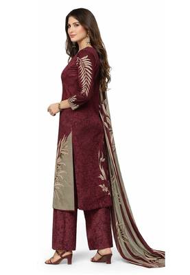 Red color crepe silk printed women unstitched dress material 3