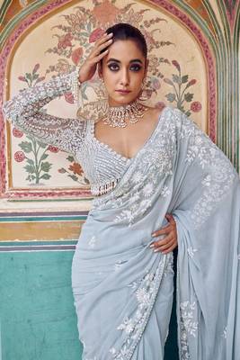 sky blue georgette saree with sequins work 2