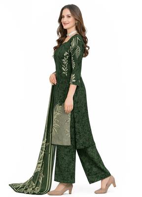 Green color crepe silk printed women unstitched dress material 3
