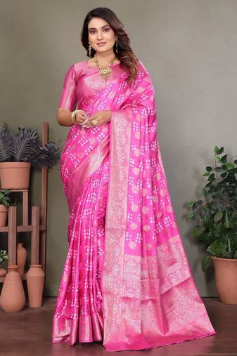 pink silk saree with zari weaving butta