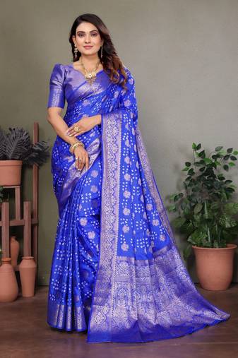 blue silk saree with zari weaving butta