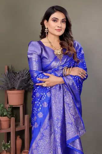 blue silk saree with zari weaving butta