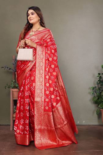 red silk saree with zari weaving butta