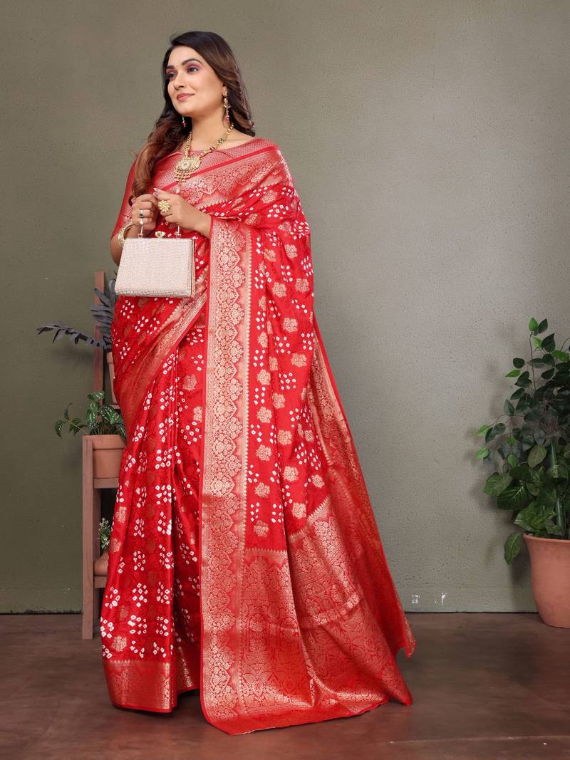 red silk saree with zari weaving butta