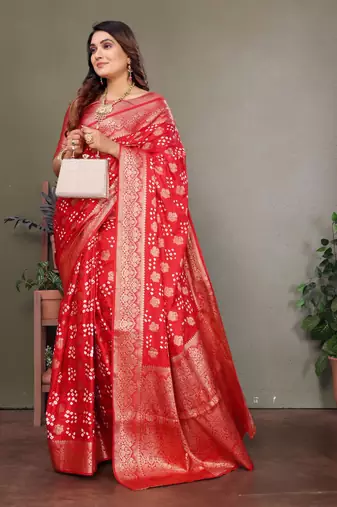 red silk saree with zari weaving butta