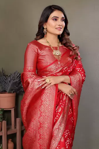 red silk saree with zari weaving butta