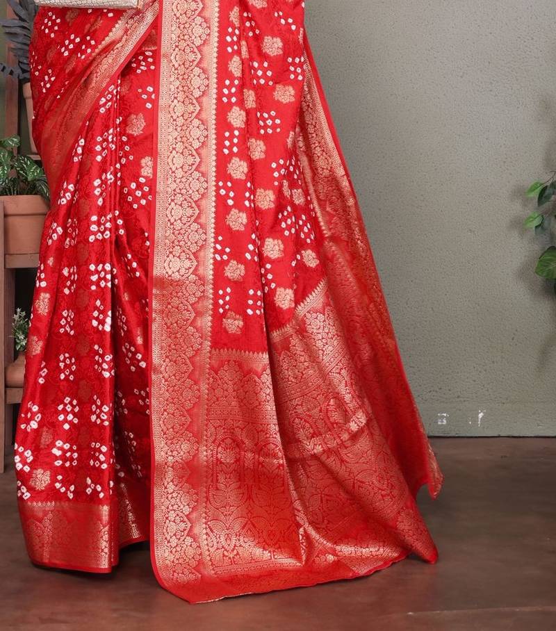red silk saree with zari weaving butta