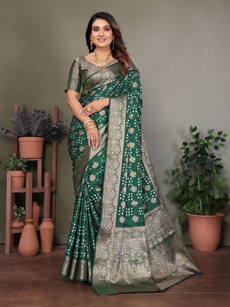 green silk saree with zari weaving butta