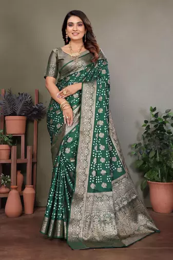 green silk saree with zari weaving butta