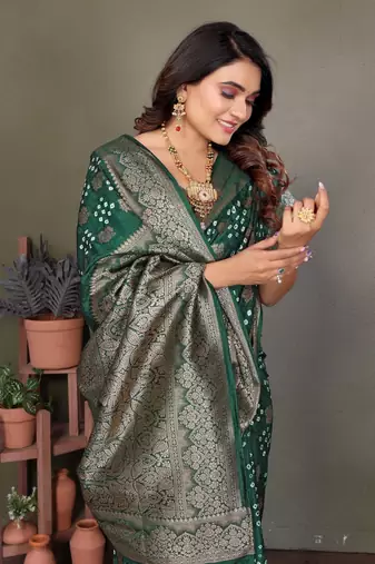 green silk saree with zari weaving butta