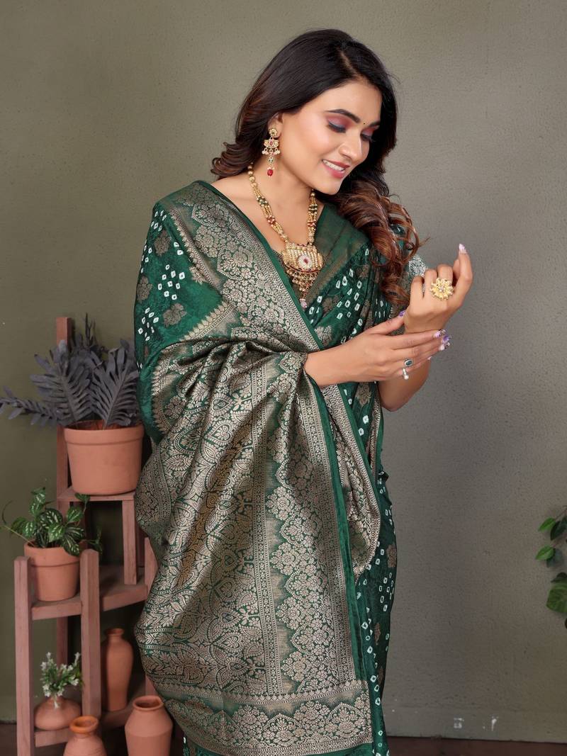 green silk saree with zari weaving butta