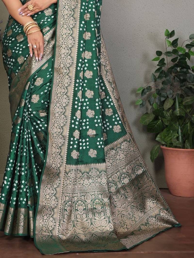green silk saree with zari weaving butta