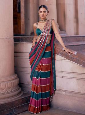 multicolor georgette saree with mirror lace work 1