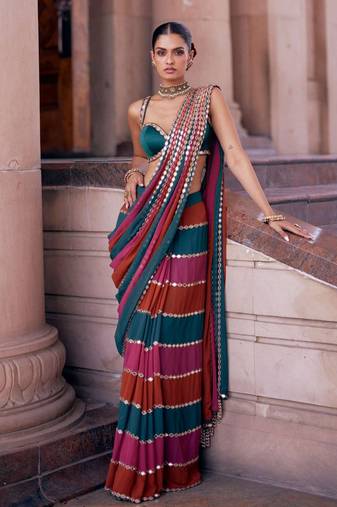 multicolor georgette saree with mirror lace work