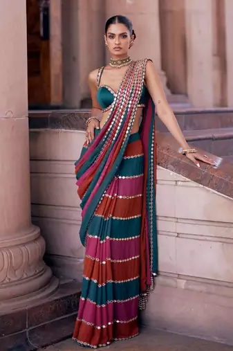 multicolor georgette saree with mirror lace work