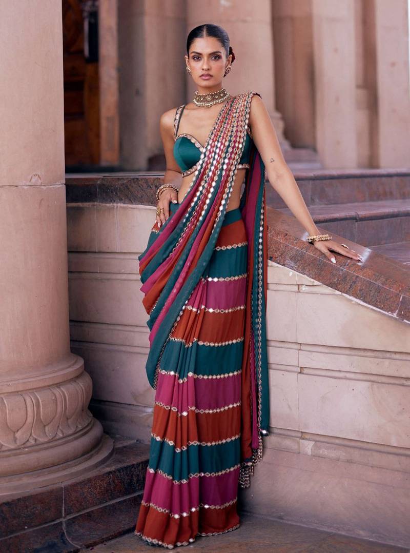 Multi Color Embrodery Coading Lace with Original Mirror Work  Georgette Saree