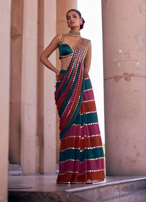 multicolor georgette saree with mirror lace work 2
