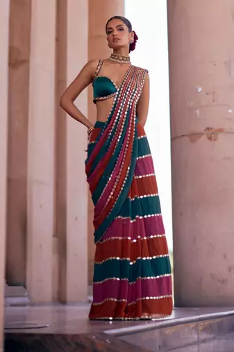 multicolor georgette saree with mirror lace work