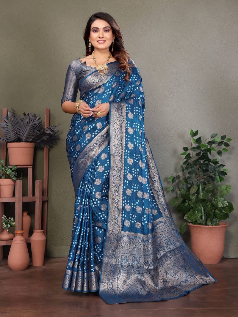 teal silk saree with zari weaving butta