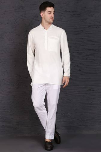 white cotton short kurta set with plain work