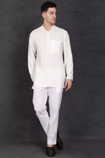 white cotton short kurta set with plain work