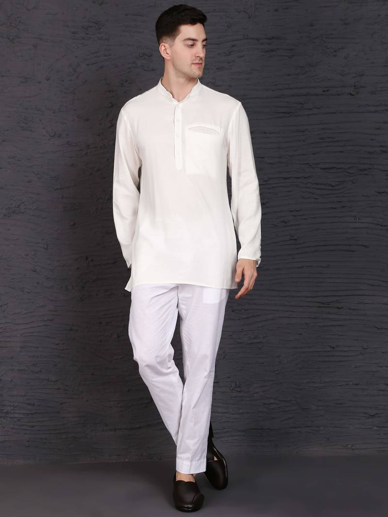 white cotton short kurta set with plain work