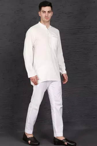 white cotton short kurta set with plain work