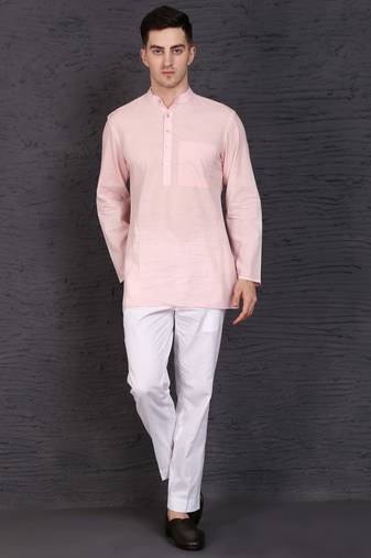 pink cotton short kurta set with plain work