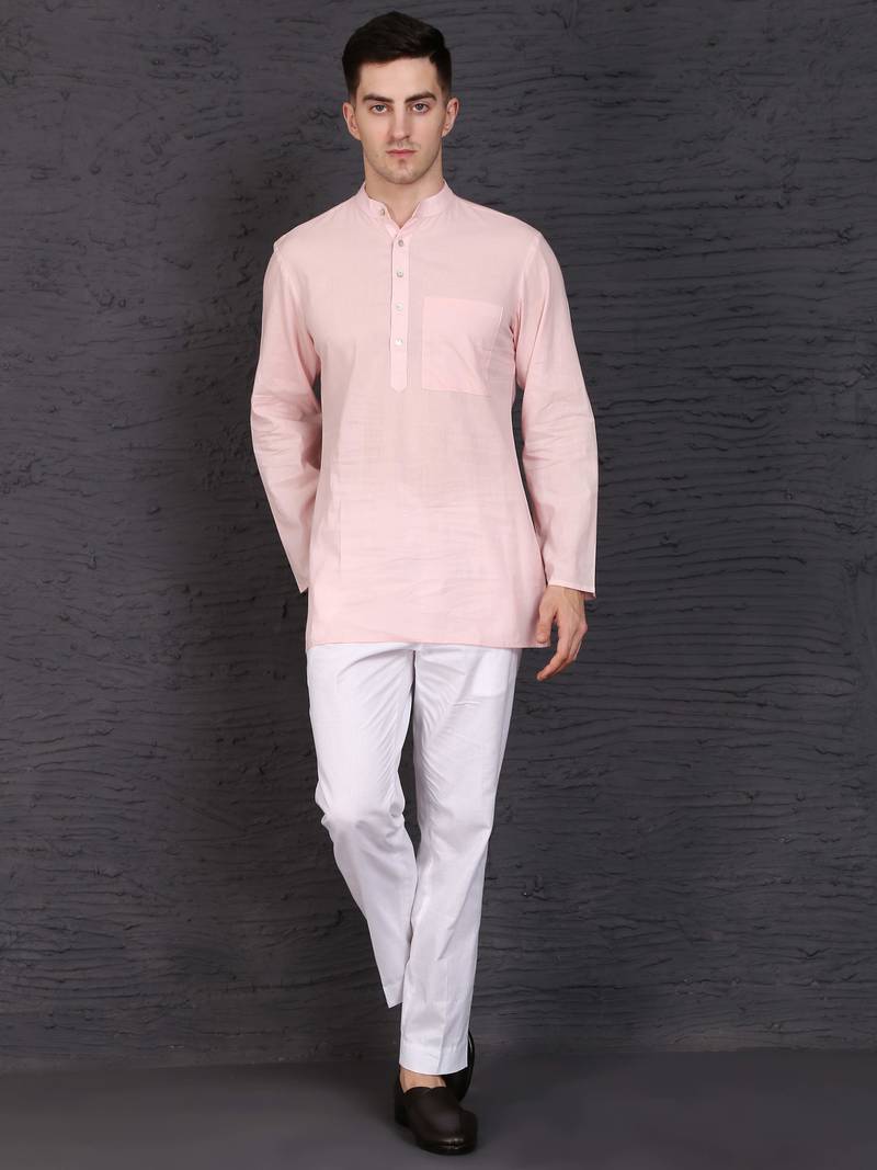 pink cotton short kurta set with plain work