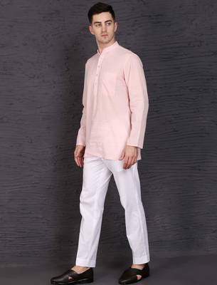 pink cotton short kurta set with plain work 2