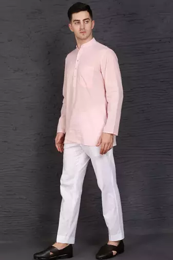 pink cotton short kurta set with plain work