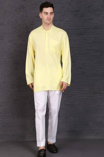 yellow cotton short kurta set with plain work