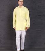 yellow cotton short kurta set with plain work