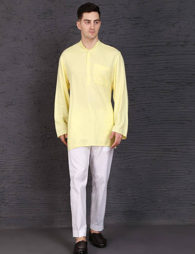 yellow cotton short kurta set with plain work