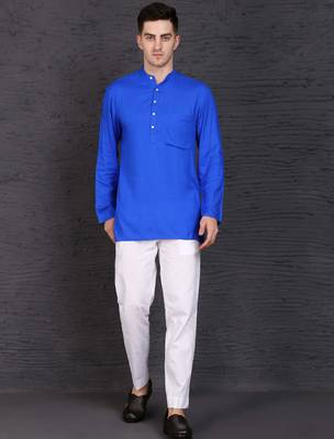 blue cotton short kurta set with plain work 1