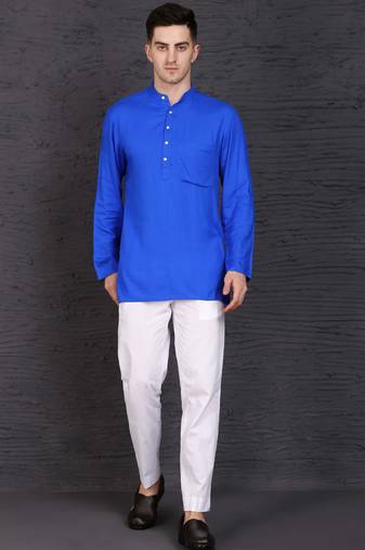 blue cotton short kurta set with plain work