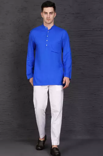 blue cotton short kurta set with plain work