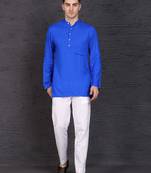 blue cotton short kurta set with plain work