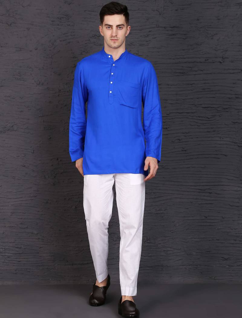 blue cotton short kurta set with plain work
