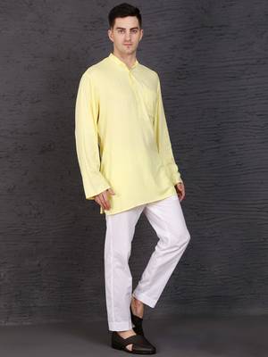 yellow cotton short kurta set with plain work 2