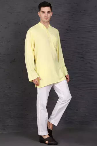 yellow cotton short kurta set with plain work