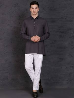 grey cotton short kurta set with solid pattern 1
