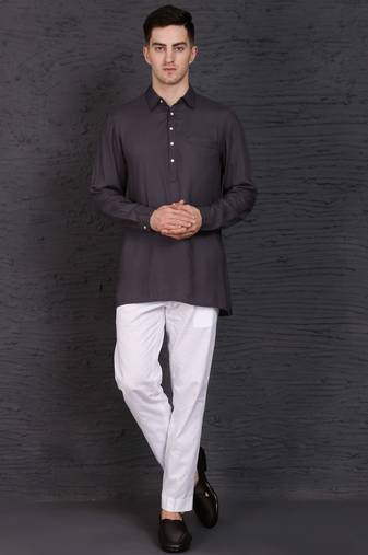 grey cotton short kurta set with solid pattern