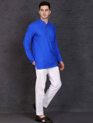 blue cotton short kurta set with plain work 2