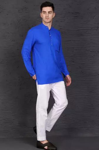 blue cotton short kurta set with plain work
