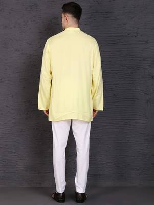 yellow cotton short kurta set with plain work 3