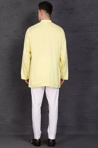 yellow cotton short kurta set with plain work
