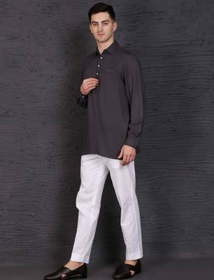 grey cotton short kurta set with solid pattern 2