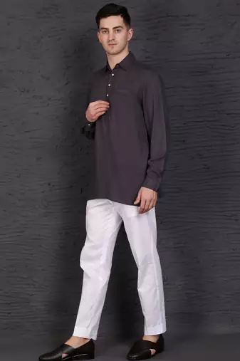 grey cotton short kurta set with solid pattern